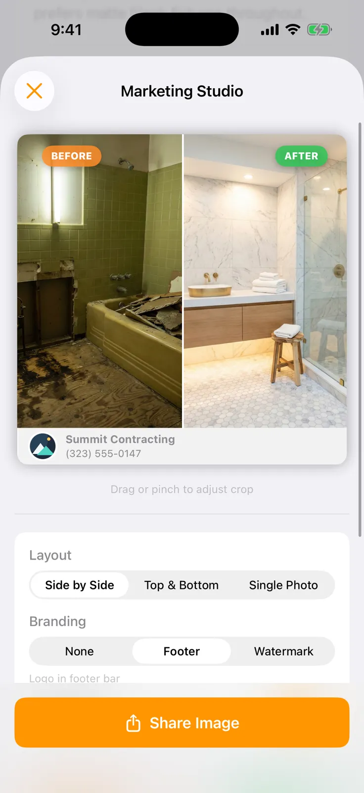 Before and after photos of a bathroom renovation managed with FieldDeck contractor software.