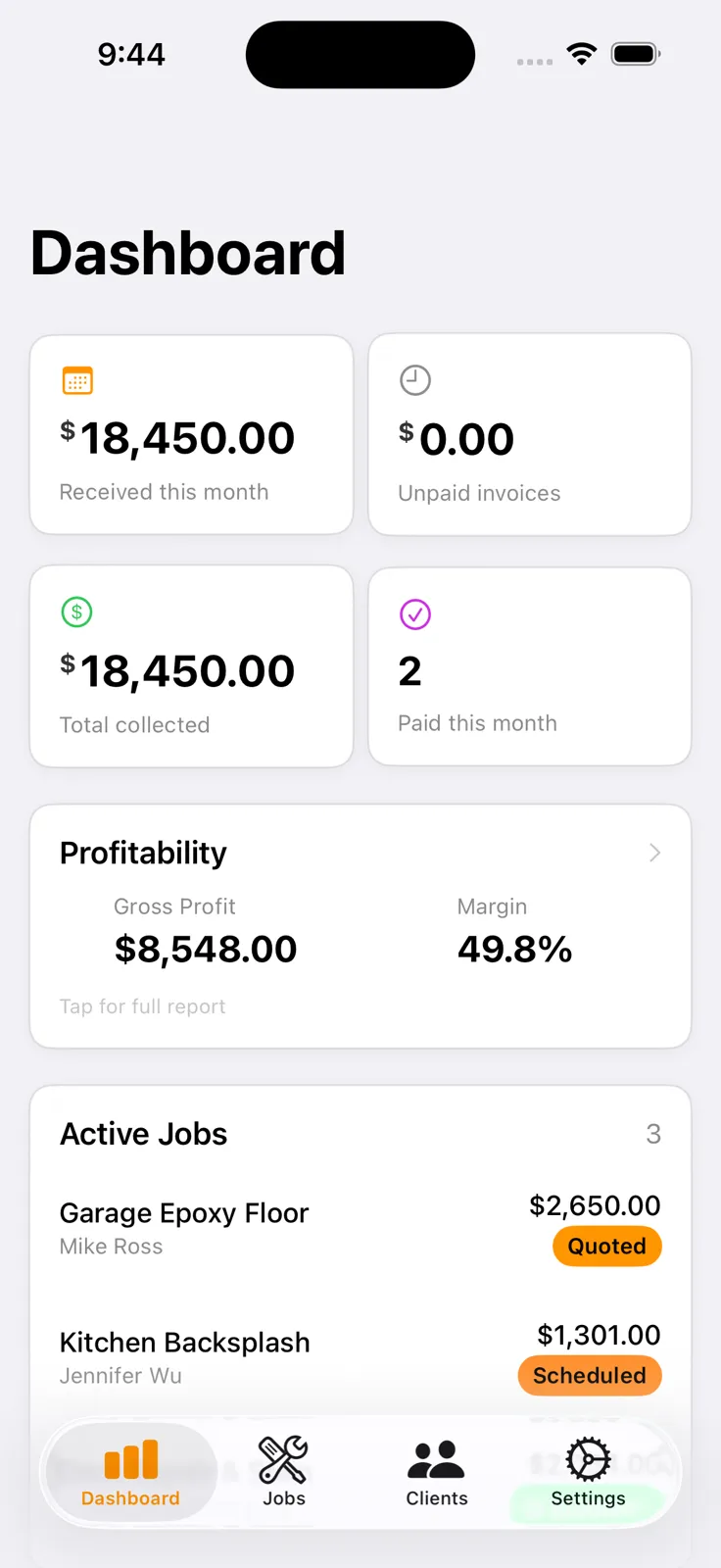 FieldDeck contractor dashboard showing revenue tracking, profitability metrics, gross profit margin, and active jobs.