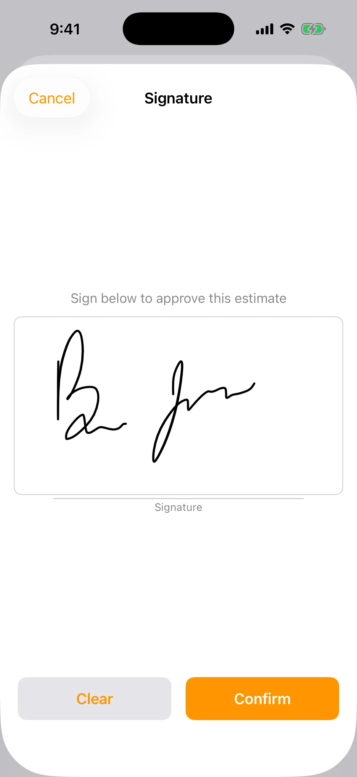 Quote Presentation & Digital Signatures: Present quotes to clients on-device with a full-screen view. Capture signatures on glass — including dual-spouse signatures for Texas homestead compliance.