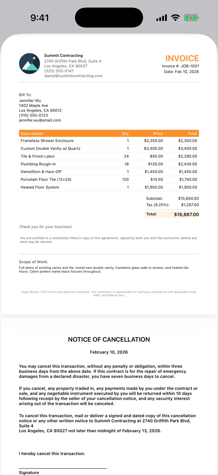 A professional PDF invoice generated by FieldDeck featuring line items, branding, and legal terms.
